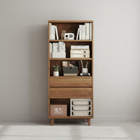 Solid Wood Board Wooden Bookshelf with Drawers Raised Legs Freestanding Display Shelf Modular Bookcase System for Students, Living Room