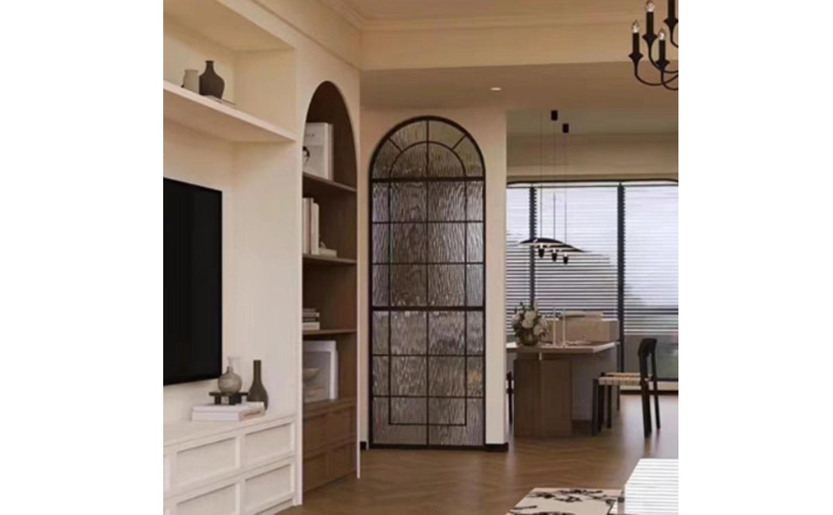 Arched Glass Partition French Design Metal Frame Entryway Divider Metal Room Divider Decorative Detail Fluted Glass Screen