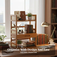 Vintage Design Multi-Tier Desk Organizer with Drawer Space Saving Desktop Shelf Large Capacity Book Rack Woven Panel Design for Students, Homeowners, Study Room, Bedroom