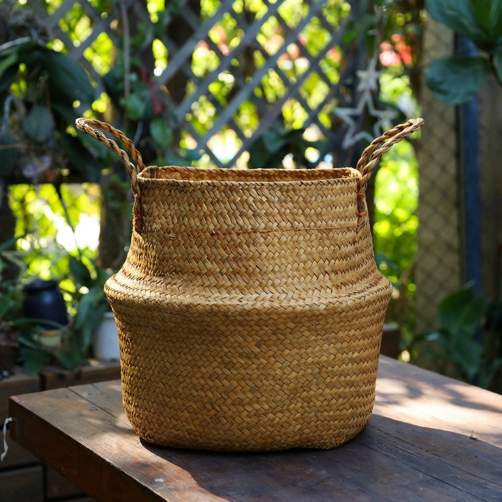 Laundry Basket for Versatile Laundry Storage, Seagrass Belly Plant Pot and Plant Basket, Foldable Toy Basket or Storage Bag, Handmade Handle