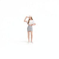 1/64 Scale Miniature Girl Figurine Cap Posed Girl Figure Long Hair Collectible Model Short-Sleeve Top