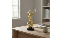 Gold Deer Figurine Tabletop Deer Sculpture with Base Shiny Figurine with Pedestal Stand Modern for Homeowners, Bookshelf