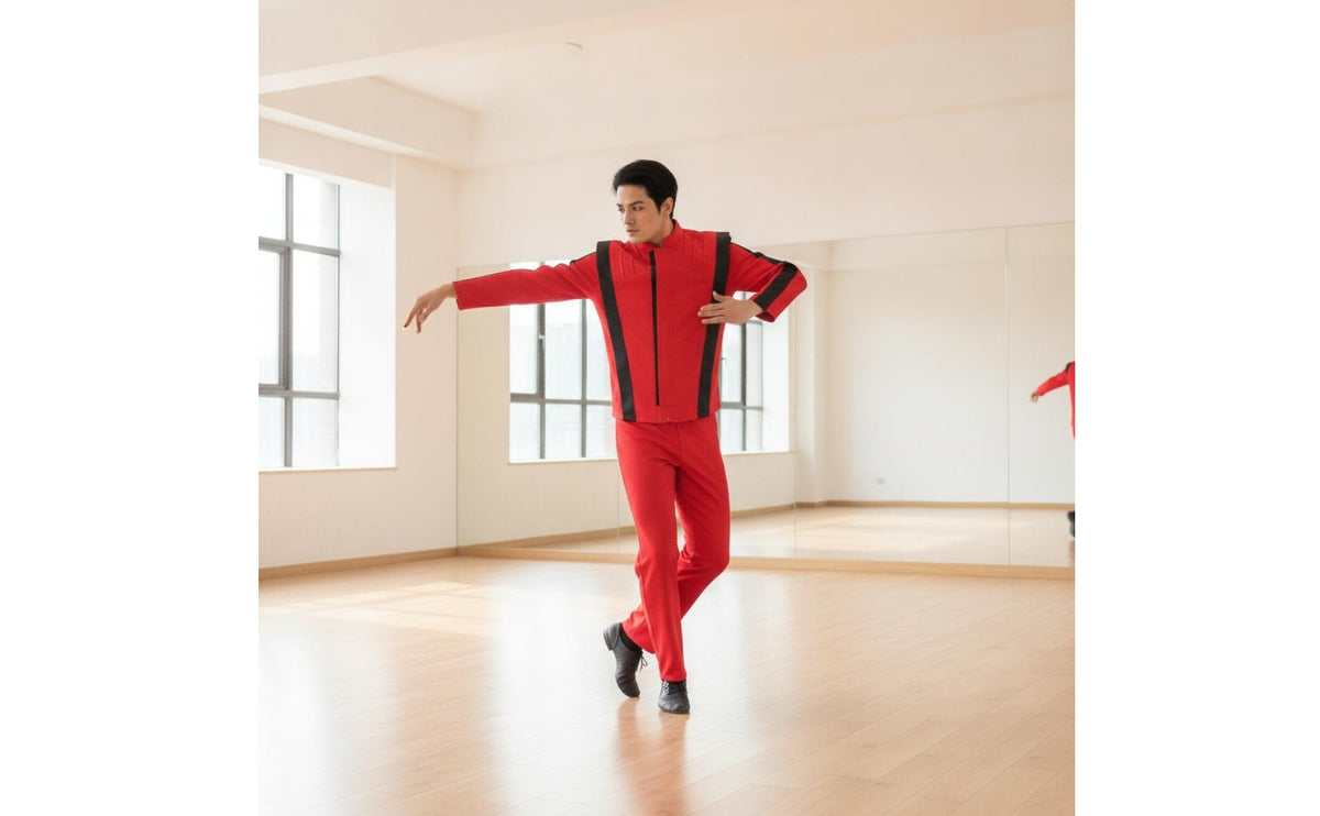 Music Star Thriller Costume 80s Retro Red Jacket and Pants Set Two-Piece Red Costume Jacket Zip-Front for Cosplayers, Performers, Halloween, Cosplay Events, Dance Performances, Themed Parties