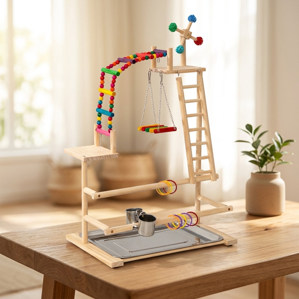 Parrot Stand Play Stand with Solid Wood Ladders, Bird Training Stand with Bowls and Tray, Indoor Bird Perch for Cockatiel and Lovebird Use