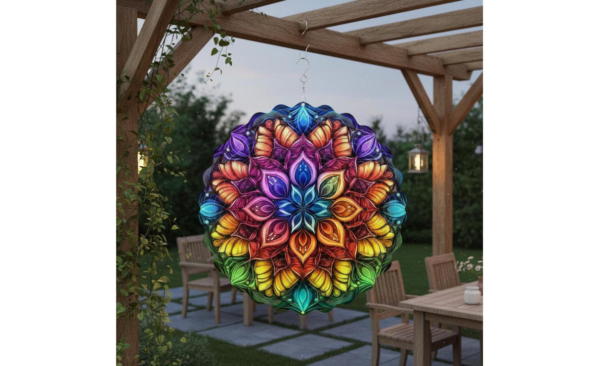 Foldable Design 3D Mandala Wind 360 Degree Rotation Mandala Hanging Reflective Luster Kinetic Wind Sculpture Stainless Steel for Balcony