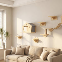 Wall Mounted Cat Furniture, Solid Wood Cat Shelves with Scratching Surface, Cat Perch and Bed, Shelves and Perches for Large Cats