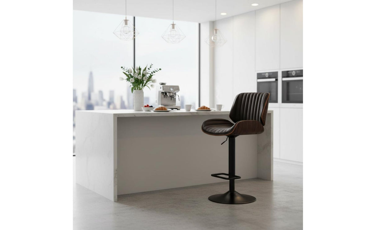 Ergonomic Backrest Upholstered Wood Back Bar Stool Stable Wide Base Adjustable Swivel Bar Stool