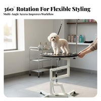 Hands-Effortless Foot Pedal Pneumatic Lift Grooming Table Non-Slip Tabletop Adjustable Pet Grooming Table Heavy-Duty Frame Easy to Clean for Professional Groomers, Veterinary Office, Home