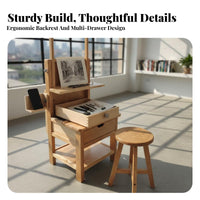 Solid Wood Sketching Stool with Drawing Board Sturdy Construction Tilting Drawing Desk with Stool Multi-Purpose Height Adjustable Art Table Space-Saving for Painters, Designers, Hobbyists, Classroom, School, Home, Workshop