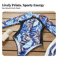 Zip Front Single Piece Bathing Suit Close-Fitting Long Sleeve Zip up Bathing Suit Contrasting Color Panels Single-Piece Bathing