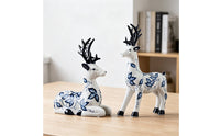 2 Pieces Blue and White Deer Ornaments Elegant Design Sitting Deer Figurines Delicate Details Home Decors for Study, Entryway