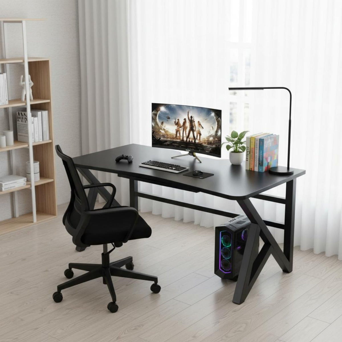 Gaming Desk Built-in Cable Management Carbon Fiber Desk Surface Headphone Hook K-Leg Computer Table for Esports Athletes, Students, Bedroom