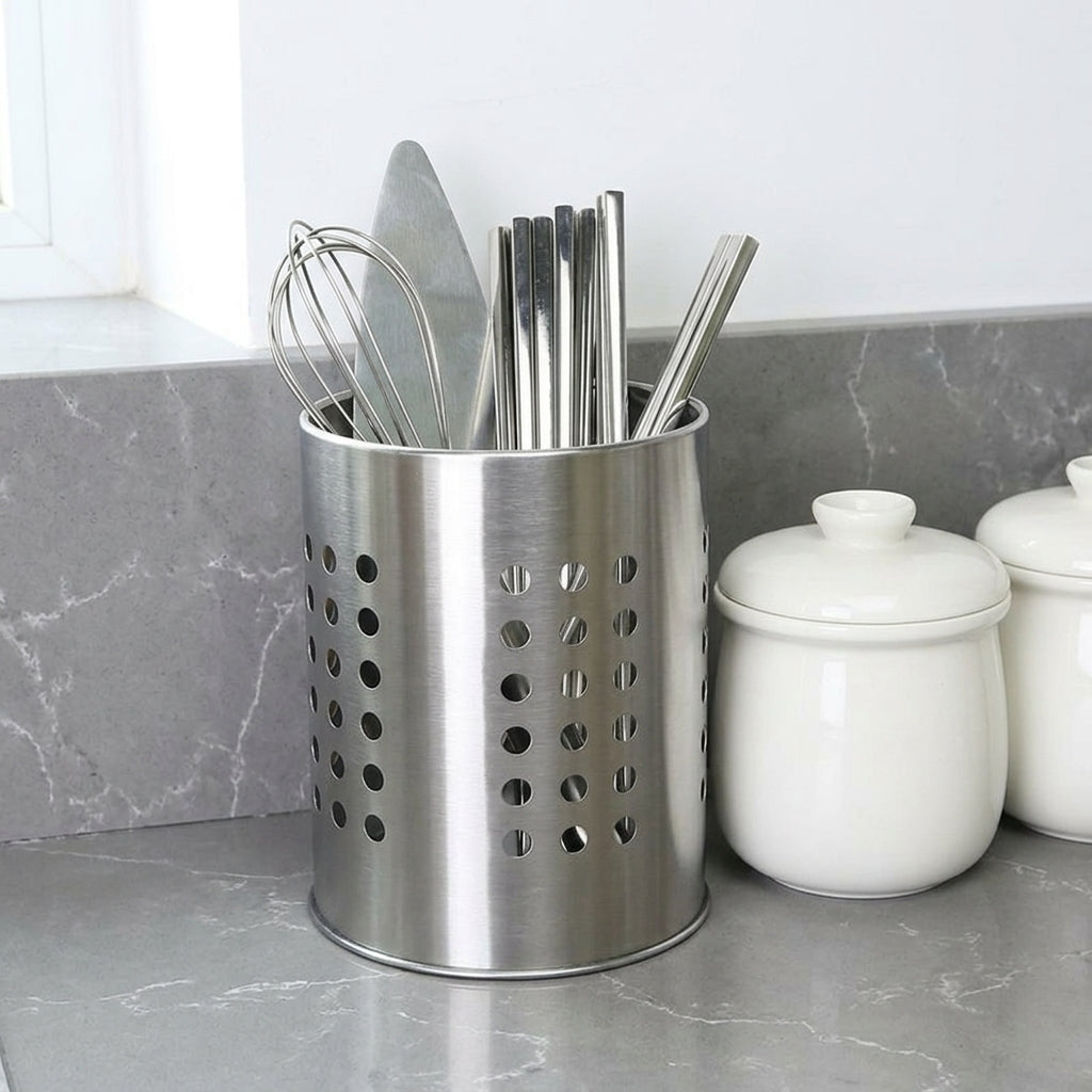 Utensil Holder and Cutlery Drainer, Stainless Steel Cutlery Organiser, Cylindrical Kitchen Sink Tidy with Hollow Design and Drainage Pedestal