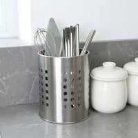 Utensil Holder and Cutlery Drainer, Stainless Steel Cutlery Organiser, Cylindrical Kitchen Sink Tidy with Hollow Design and Drainage Pedestal