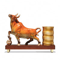 Pen Holder with Bull Statue Decorative Bull Statue Pen Cup Desk Organizer Metal-Finish Sculptural for Collectors, Office, Study