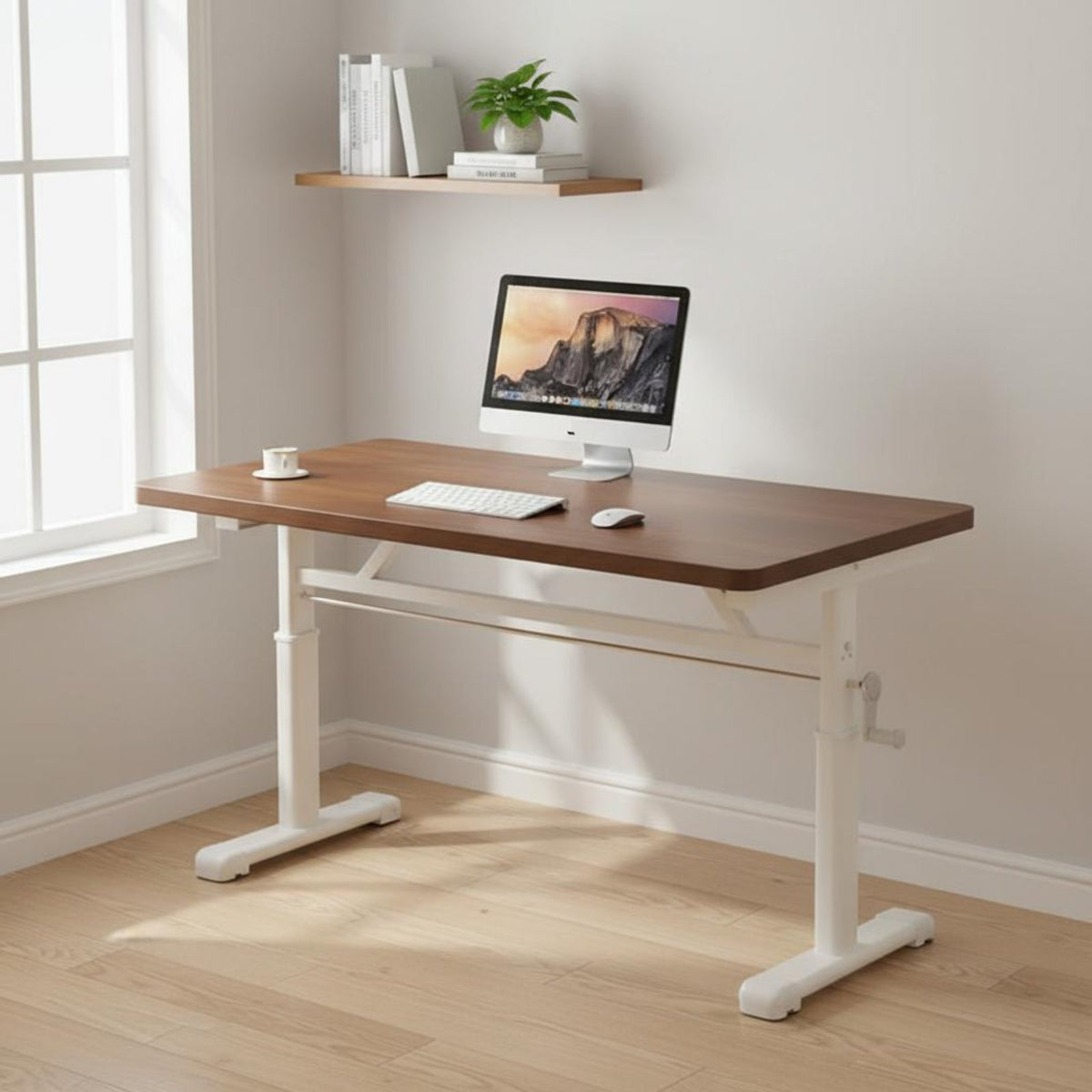 Rounded Corners Height Adjustable Desk Power-without Cost Hand Crank Standing Desk Whole Piece Desktop Ergonomic Lifting Workstation Easy To Assemble for Study Room