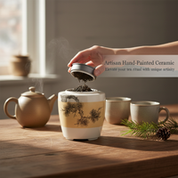 Vintage Chinese Hand-Painted Ceramic Tea Caddy with Pewter Lid for Puerh Tea Storage