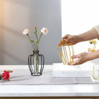 Metal Frame Vase Minimalist Aesthetic Metal Wire Frame Vase Glass Tube Flower Holder Bright Luxury for Living Room, Office Desk