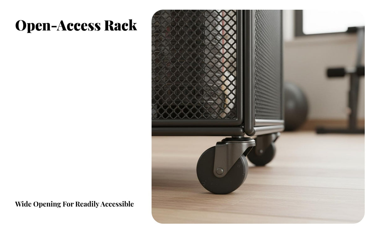 With Wheels Stretching Mat Storage Rack Space Saving Rolling Fitness Equipment Organizer Accessible Design Rolling Sports Equipment Organizer Multi-Purpose
