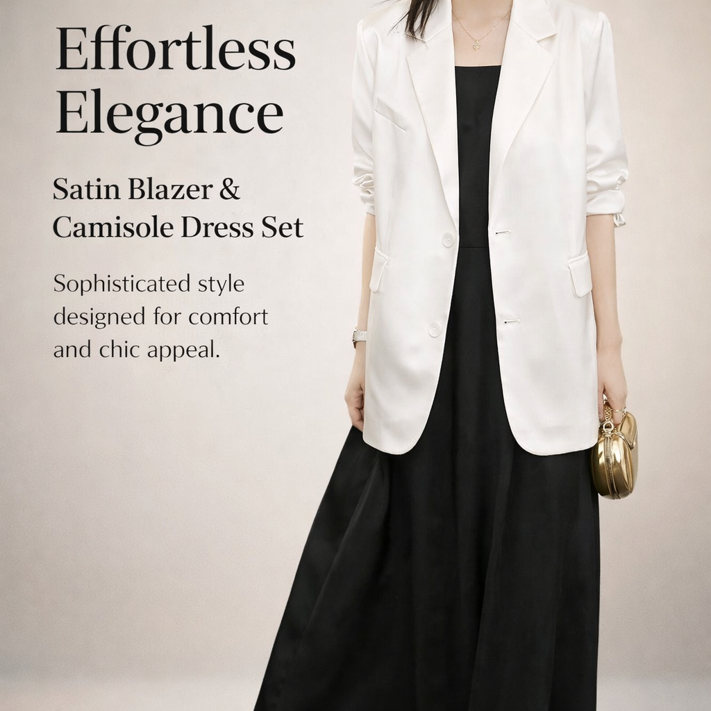Long Sleeve Satin Jacket and Adjustable Straps Camisole Dress Two Piece Suit for Women, Business Casual Office Wear Outfit Set