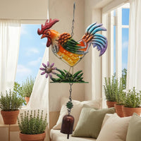 Iron and Glass Colorful Rooster-Shaped Wind Chime Hand-Painted Metal Rooster-Shaped Chime Multicolor Bell Ornament Flower Accent