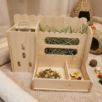 Multi-Functional Wood Feeder and Bunny Hay Feeder, Double-Sided Waterproof Hay Rack for Chinchillas, Guinea Pigs and Degus, 28cm X 20cm X 18cm