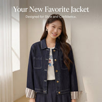 Denim Jackets Women Plus Size Cropped with Embroidered Details, Oversized Long Sleeve Design with Striped Cuffs, Casual Wear for Spring