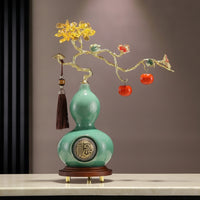 Glazed Gourd Statue with Wooden Base Oriental Ceramic Gourd Statue Traditional Tabletop Accent Gold-Tone for Homeowners, Art Collectors, Living Room, Entryway, Office