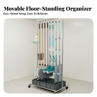 Broom and Mop Holder Rack No Required Stainless Steel Broom Stand Rust-Resistant Freestanding Cleaning Tool Holder for Garage, Utility Closet