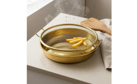 2 Pieces Two Handles Drain Basket and Plate Set Metal Rim Frying Drain Basket Gold-Tone Food Strainer Boxed Packaging
