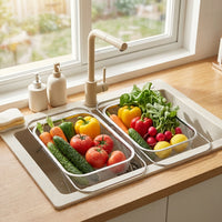 Retractable Drain Basket Kitchen Sink Drainer, Stainless Steel Strainer with Fine Mesh, Telescopic Colander for Vegetables Fruits and Dishes