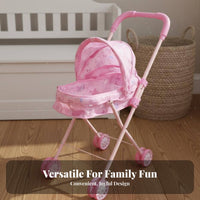 Toy Baby Carriage With Sun Shade Baby Doll Baby Carriage Kids Doll Pushchair Metal Frame Pretend Play Pushcart Effortless