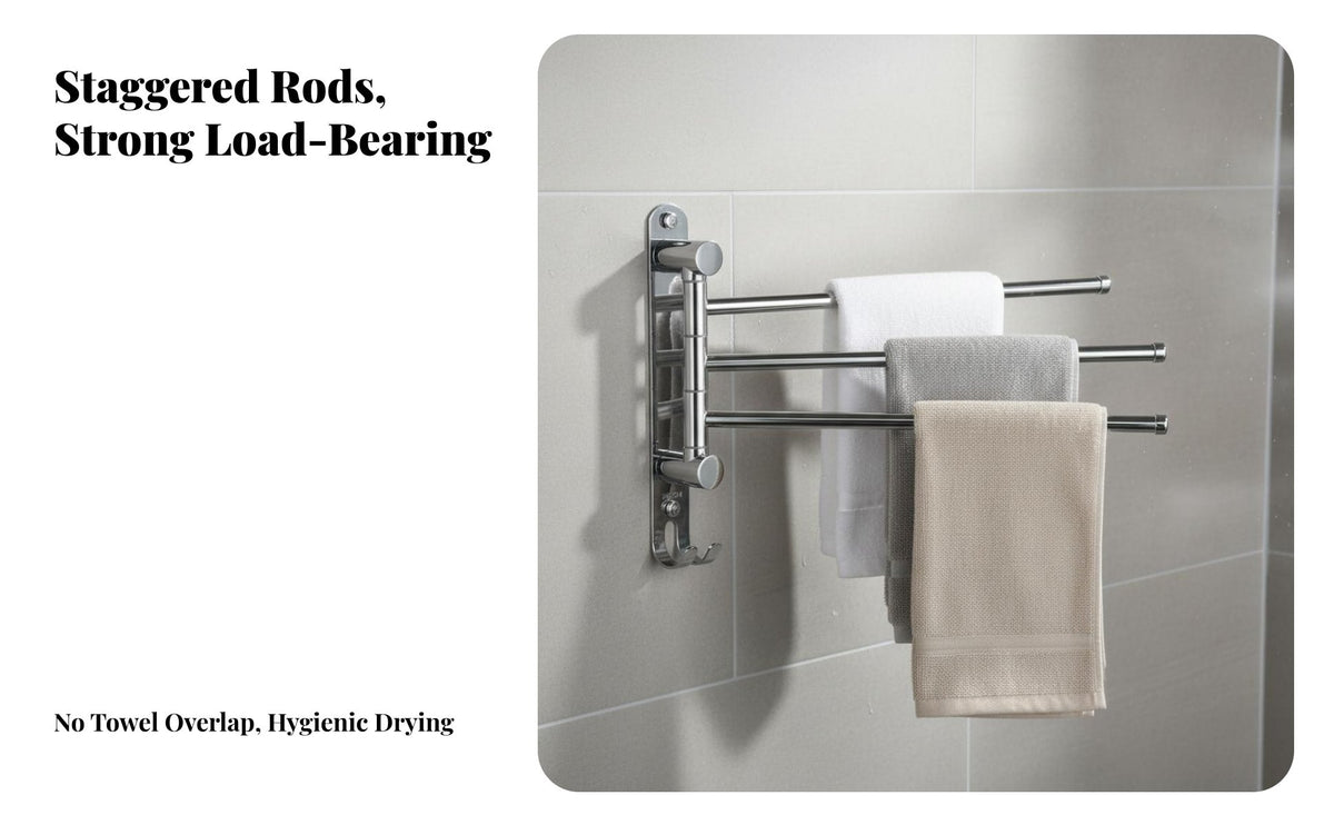 180-Degree Rotatable Swing Arm Towel Bar Foldable Bathroom Fixture Rust-Proof Wall Organizer Rustproof for Renters, Homeowners, Families, Restroom, Small Areas, Laundry Room, Bedroom