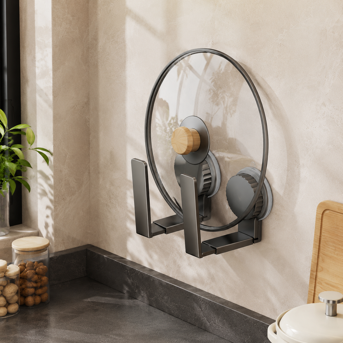 Kitchen Rack, Wall Mounted Spice Rack, Gunmetal Grey Metal Shelf, No Drill Adjustable Suction Cup Storage
