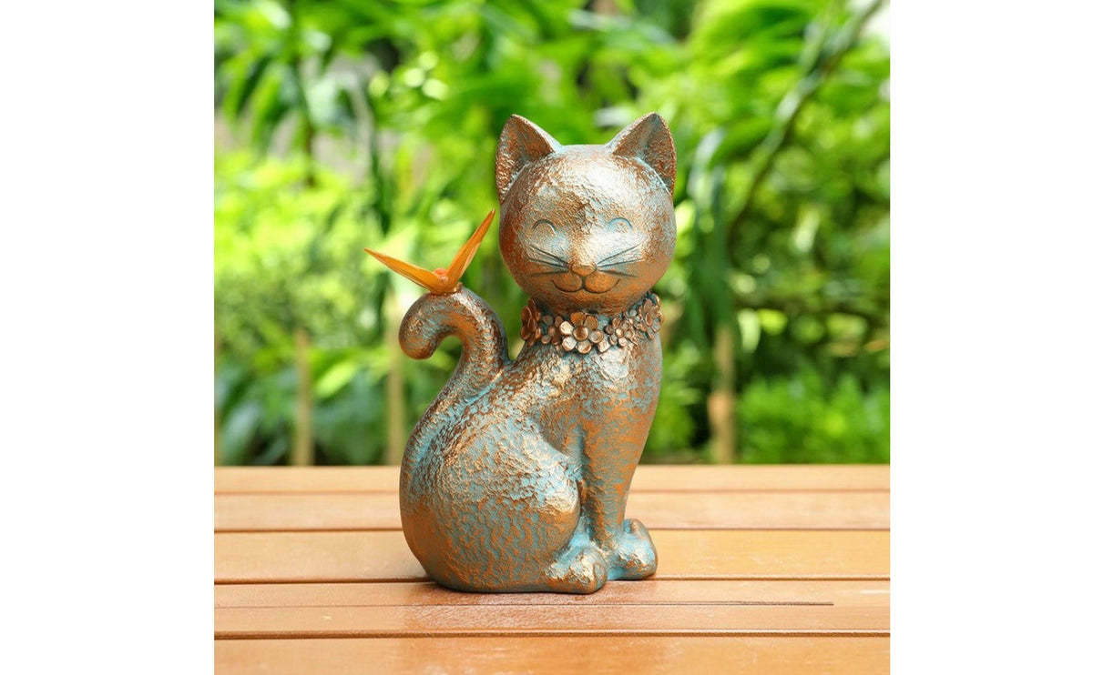 Cat Statue with Butterfly Whimsical Cat Figurine Sculpture Resin Decor Compact for Gardeners, Patio, Balcony