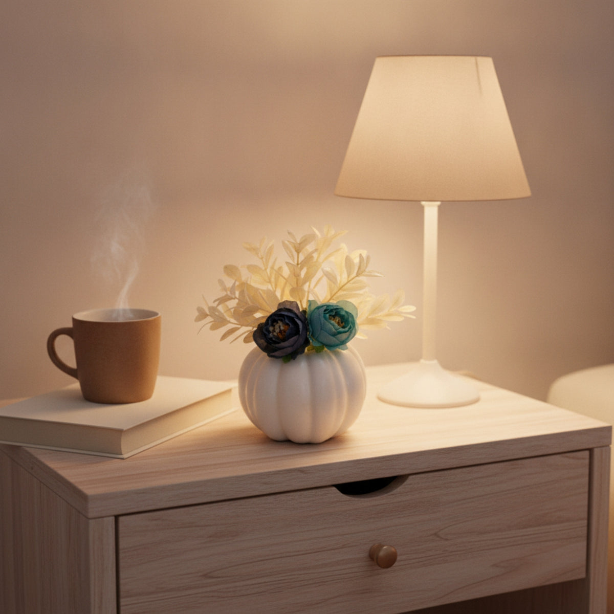 White Pumpkin with Flowers Floral Textile Pumpkin Ribbed Fall for Table Centerpiece, Mantel