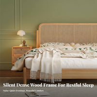 Solid Wood Rattan Bed No Box Spring Needed Rattan Headboard Bed Frame Easy Assembly for Homestay Owners, Couples, Guest Room, Apartment, Vacation Home