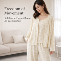Womens Pyjamas Set Long Sleeve with Camisole for Bedroom and Lounge, 3 Piece Soft Modal Girls Leisure Wear, Breathable Nightwear