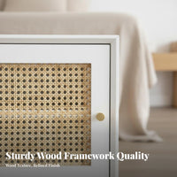 Nordic Aesthetic Rattan Door Nightstand Minimalist Design Rattan Door Cabinet Woven Accent Bedside Table Compact Size for Decor Enthusiasts, Homeowners, Renters, Bedroom, Living Room, Small Areas, Entryway