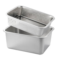 2 Pieces Easy to Clean Stainless Steel Drain Pan Set Heavy-Duty Perforated Draining Tray Oven Safe Deep Rectangular Steel Tub for Commercial Kitchens, Restaurant, Food Service
