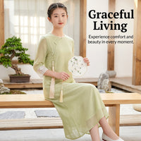 Meditation Vintage Dress for Women with Chinese Style Round Neck and Embroidery, Ethnic Oriental Midi in Premium Lyocell Material