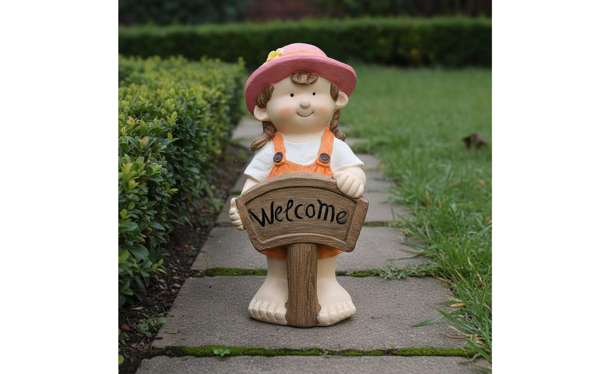 Child Figure Welcome Statue Weather Resistant Boy and Girl Welcome Sign Garden Child Sculpture for Kindergartens, Shop Owners, Entrance, Patio