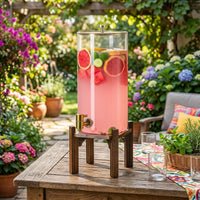 Drink Dispenser with Tap 2 Pack, Glass Water Beverage Dispenser with Wood Stand and Lid, Large Capacity Iced Tea Server for Parties and Buffets
