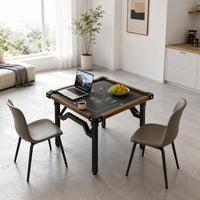 Brown Border Trim Square Folding Table Black Metal Frame Portable Card Table Adjustable Feet Event Furniture Reinforced Corner Joints