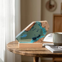 Decorative Resin Lamp with Wood Base Artisanal Wood Resin Lamp Unique Light with Wooden Base Compact for Gift Shoppers, Bedside Table