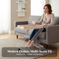Clear Design Transparent C-Shaped Nightstand Movable with casters Sofa Side Table Modern aesthetic Rolling Cart Mobile for Apartment Dwellers, Remote Workers, Living Room, Couchside, Bedroom, Small Spaces