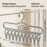 Stainless Steel Sock Rack with 10 Clips, Clothes Hanger for Underwear and Socks, Outdoor Rack for Clothes, Dryer Racks for Laundry Indoor