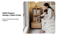 360° Rotating Design Revolving Book Universal with Drawer Space-Saving Multi-Level Bookcase with Drawers Versatile Use Bookshelf Modern Aesthetic for Apartment Dwellers, Homeowners, Bedroom, Small Areas, Study Room, Home Office