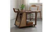 Solid Wood Mobile Side Table with Rattan Multi-Layer Storage Wooden Rolling Cart with Handle Movable 2-Tier Utility Trolley Large Capacity for Living Room, Kitchen, Home Bar