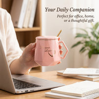 Large Coffee Mug with Lid and Spoon, Ceramic Tea for Couples Anniversary Gift, Desk with Heat Resistant Single Layer Cup